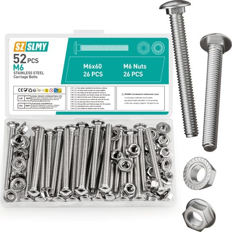 52 PcsBoulons de Carrosserie M6 x 60mm, Vis à Tête Ronde, Boulons a Tête Ronde Bombée Champignon en Acier Inoxydable, Boulons avec écrous à Embase Hexagonale Set (M6) (1/5)