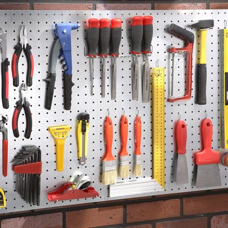 Mottez – Panneau mural pour rangement d'outils – Panneau perforé en tôle galvanisée 0,6 mm – B259V – Fixation murale incluse
