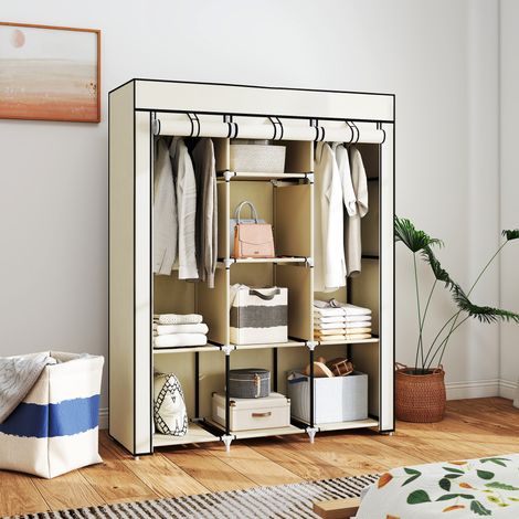 Armadio pieghevole in tessuto HOMCOM, guardaroba portatile con 8 ripiani e 2 aste appendiabiti per camera da letto, 125x43x162,5 cm, crema