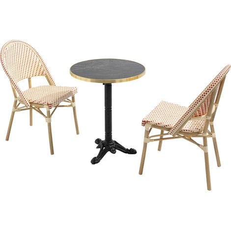 Table de terrasse 60cm inclinable marbre noir et 2 chaises rouge