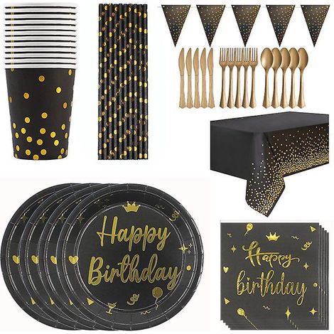 vaisselle Anniversaire Noir Et Or, 20 Invits Vaisselle De Fte Assiette En Papier Gobelet En Papier Pour Les Ftes, Mariages, Ftes De Remise Des Dip (1/5)