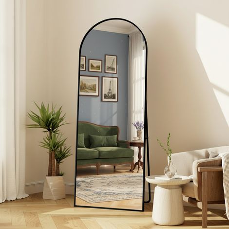 Miroir sur pied, miroir sur pied arqué lisse, 173x63 cm, verre de sécurité haute définition, cadre en alliage d'aluminium, sur pied ou suspendu - Noir (1/5)