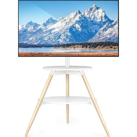 Support TV sur trépied avec 2 étagères, pivotant et réglable en hauteur, support TV au sol en bois pour écran LED LCD OLED de 32 à 65 pouces, VESA max 400x400mm, charge max 40kg, blanc (1/5)