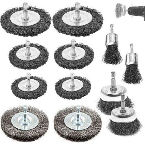 12 cepillos de alambre para taladros, cepillos de alambre de acero inoxidable de 6 mm, con vástago hexagonal, cepillos de hierro, para amoladoras, eliminación (1/3)