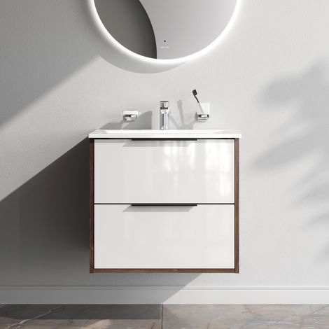 Am.Pm – Meuble sous vasque blanc brillant 60 cm – Lavabo suspendu en porcelaine émaillée – 2 tiroirs soft-close – Matériau LDPE durable 16 mm