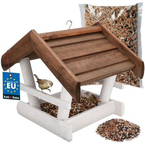 Mangeoire à Oiseaux à Suspendre - Bois Naturel - 24x30,5x25,5 cm - avec Toit + 0,5kg De Nourrituremit - Mangeoires pour Oiseaux Sauvages - Blanc & Brun-NANOTEH (1/5)