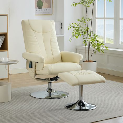 Fauteuil relax inclinable 024 avec fonction d’inclinaison, massage 5 points, chauffage électrique, repose-pieds intégré, rotation à 360°, revêtement en tissu PU beige – fauteuil inclinable pour salon (1/5)
