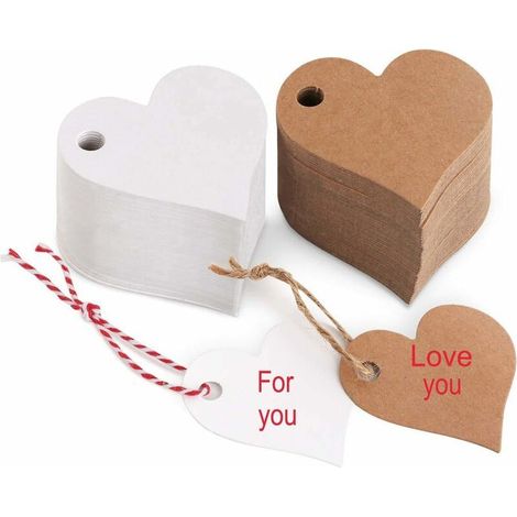 VURAHOME – Kraft-Herzanhänger, 200 Stück Geschenkanhänger, Kraftpapierkarte, Geschenkanhänger mit 20 m Schnur, ideal für Gastgeschenke, Weihnachten, Hochzeiten, Geburtstage, Taufen, Weiß & Braun (1/5)