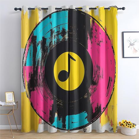 Rideau Occultant Musique - Décoration Musique, Rideau Thermique Motif Disque Vinyle Graffiti Rétro, Lot de 2 Rideaux Opaque à Oeillets pour Fenetre Chambre Salon, 140x160 cm (LxH) Q489 - 2x L 140 X H (1/5)