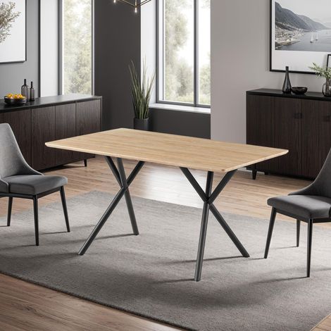Table de repas 1,6 m finition naturel et pieds croisés métal noir - ALINA