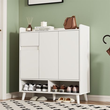 Meuble à Chaussures - 90x35x99cm - Buffet de Rangement avec Étagères Ajustables et Pieds Bois - Blanc (1/5)