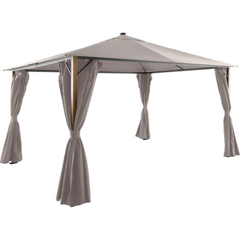 Aluminum gazebo 4x3m with wood effect, curtains, and LED beige - Veluna