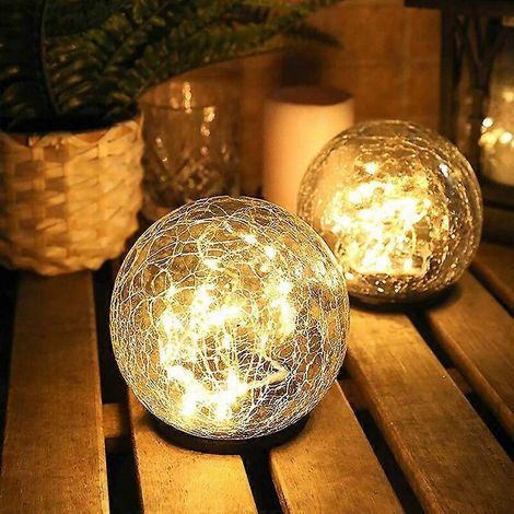 Lot de 2 lampes solaires d'extérieur, lampadaires solaires d'extérieur, lampes boules en verre craquelé d'extérieur, éclairage solaire, décoration pour jardin, pelouse, allée, cour (1/5)