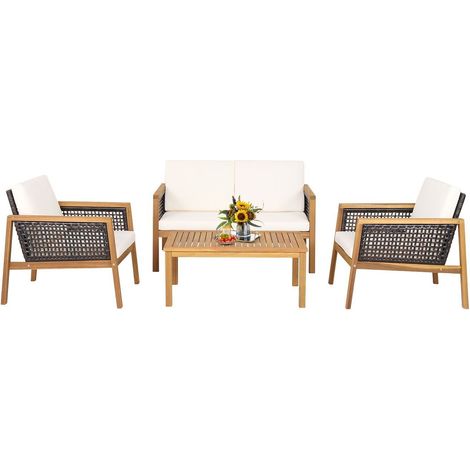COSTWAY 4 Pcs Patio Acacia Wood Furniture Set Outdoor Rattan Conversation Set