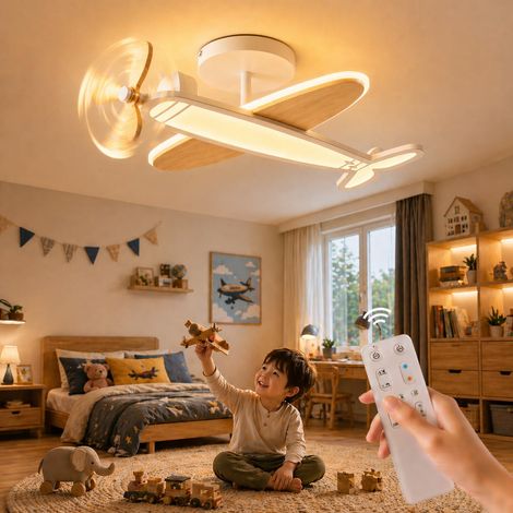Plafonnier bois 53cm 40W 4000lm dimmable 3000K-6500K avion LED télécommande enfant moderne dimmable - salon chambre