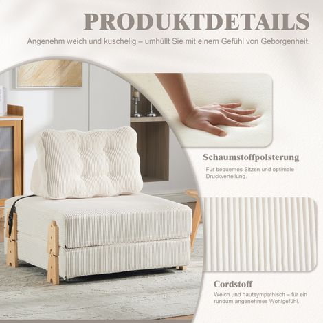 Un cómodo sillón de estilo escandinavo moderno fabricado en pana un sofá cama plegable un sofá individual plegable con patas de madera, ideal para apartamentos pequeños y dormitorios (pana beige). (1/5)