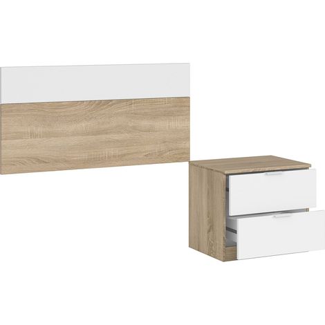 Set Testiera Letto Singolo 100 Cm Con Comodino 2 Cassetti Design Moderno Arredo Camera Da Letto Moderno E Salvaspazio In Truciolare Melaminico 50 x 100 Cm Rovere E Bianco