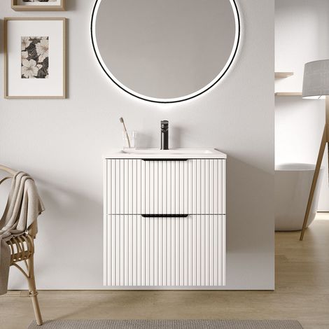 BERNSTEIN - Mueble de baño estriado blanco mate 60x46x62cm (LxAnxAl) 2 cajones, Tiradores cromados - TIM60 cromo, Perfilado blanco mate