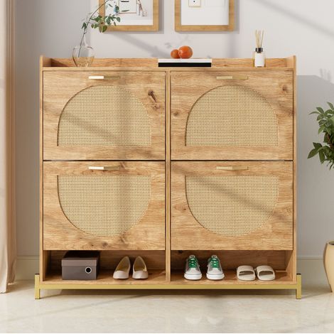 Zapatero de MDF color madera 108,5 x 24 x 100 cm con estructura metálica y balda superior (1/5)