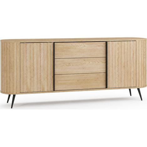 Credenza Contenitore Con 2 Ante 3 Cassetti Ripiani Interni E Piedi In Metallo Nero Stile Nordico Per Soggiorno E Sala Da Pranzo 196 X 40.2 X 81.8 Cm Rovere (1/5)