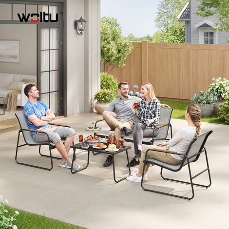 WOLTU 4-teilig Gartenmöbel Set Balkonmöbel Set mit 1 Tisch 1 Zweisitzer-Sofa 2 Sessel, Sitzgruppe mit Rückenlehne und Armlehnen, Wetterfest und UV-beständig für Terrasse und Balkon, Grau