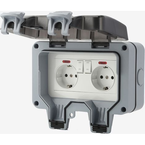 Double prise extérieure (avec capot de protection) — Boîtier de prise murale extérieure étanche et résistant aux intempéries (IP66), avec interrupteur intégré et voyant lumineux (1/2)