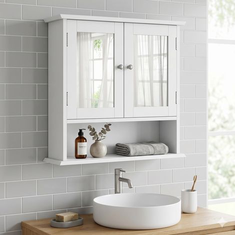 URBAN MEUBLE Armoire de Toilette avec Miroir, Placard de Salle de Bain avec Étagère Réglable, Blanc (1/5)