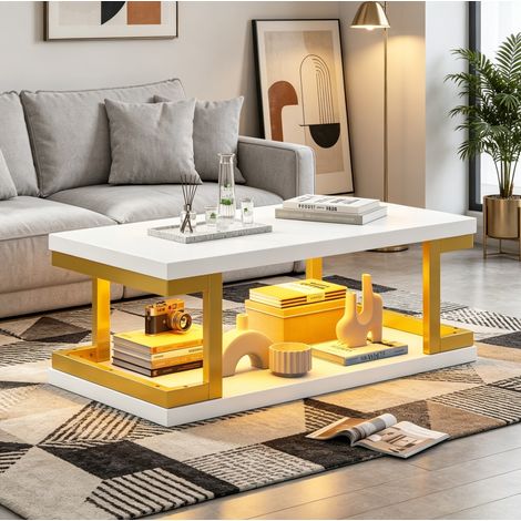 Table Basse Rectangulaire avec Étagère Ouverte et LED, Commande Bluetooth, pour Salon, MDF et Métal, 100 × 50 × 37,5 cm (1/5)