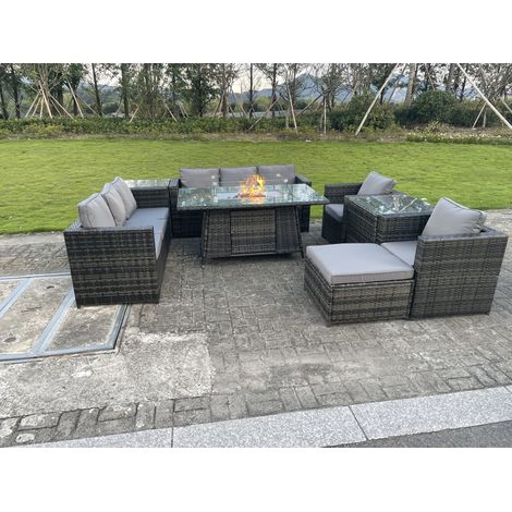 Fimous Outdoor Rattan Gartenmöbel Gas Feuerstelle Esstisch Sets Lounge Stühle Beistelltische Dunkelgrau Gemischt 9 Sitzer (1/4)