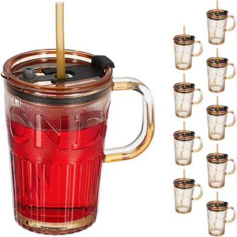 Verre Avec Paille Et Couvercle - 450 ml - Lot De 10 - Pour Smoothies Jus Et Boissons Fraîches - Marron Clair (1/4)