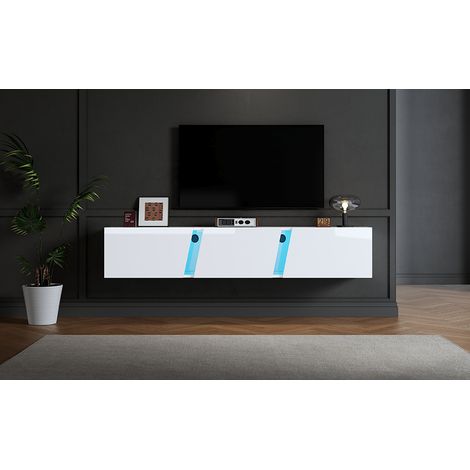 Meuble TV mural blanc 180 cm avec LED contrôlée par application, 3 portes rabattables, pour téléviseur 75 pouces (1/5)