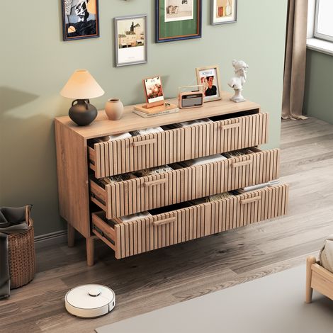 Buffet de rangement, Commode à 6 tirtors 100 x 34 x 73 cm, Meuble bas, Armoire Tiroirs, Buffet pour Salon, Chambre, Salle à Manger, couleur bois naturel (1/5)