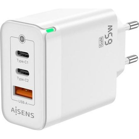 Cargador Gan de Pared Aisens ASCH-65W3P007-W/ 2xUSB Tipo-C/ 1x USB/ 65W