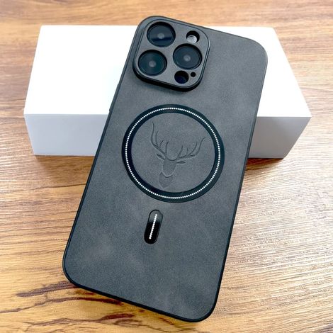 Luxuriöse Hülle aus PU-Leder mit Hirschmuster, kompatibel mit iPhone 16, 15, 14, 13, 12, 11 Pro Max Plus, 16E, 15 Pro, 14 Pro, 13 Pro Max und MagSafe, mit schwarzer kabelloser Ladehülle. (1/5)