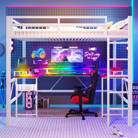 Cama alta para adultos de 140x200 cm, cama infantil con escritorio, LED, USB, USB tipo C y enchufes, metal blanco (1/5)