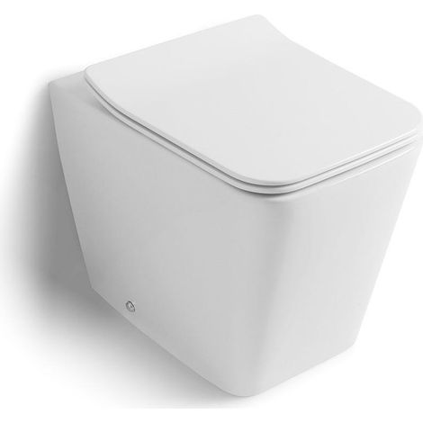 Kiamami Valentina – WC à poser céramique blanche sans rebord – Installation au ras du mur – Évacuation murale ou au sol – Abattant soft-close – Technologie Rimless (1/4)