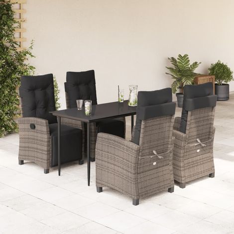 Salon de jardin 5 pièces avec coussins, résine tressée, chaises inclinables, gris et noir - PANGIVO (1/5)