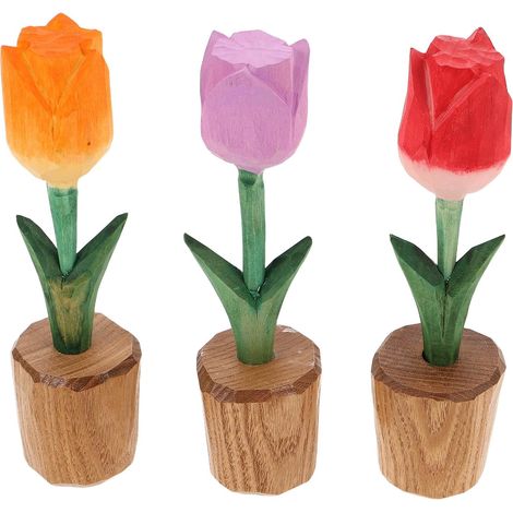 3 Pièces Décoration Tulipe en Bois, Décorations de Table de Tulipe, Bois, Sculptée, Légère et Portable, pour Salon et Bureau D'étude, Style Élégant Rustique (1/5)