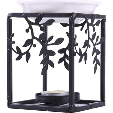Bougeoir en Fer Carré Plaque en Céramique, Brûleur D'huiles Essentielles Décoratif Noir, Surface Lisse pour Nettoyage, Support Bougie Intégré pour Balcon et Chambre (1/5)