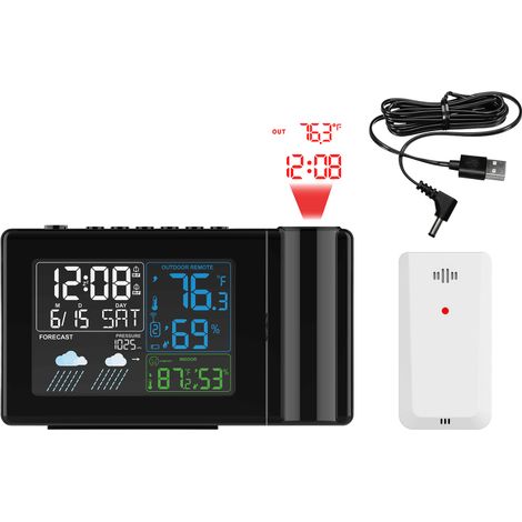 Reloj despertador con proyección, alarma, reloj meteorológico, termómetro e higrómetro, reloj meteorológico con retroiluminación ajustable, ideal para el hogar, el dormitorio o la oficina.