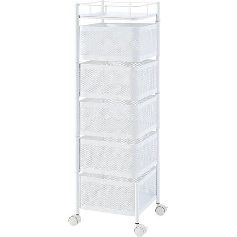 Chariot de service desserte cuisine salon meuble de rangement à 5 niveaux acier 95 x 27 x 27 cm blanc (1/5)