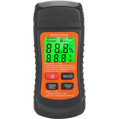 Medidor de humedad digital multifuncional 3 en 1 para madera, cartón y tablillas, con pantalla en °C y °F. (1/5)