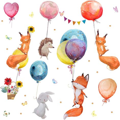 Stickers muraux animaux enfant RENARD, LAPIN et BALLONS (107x100 cm) Autocollant mural chambre bébé animaux forêt fleurs (1/5)