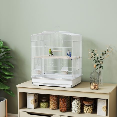 Vogelkäfig, Stahlvoliere mit 2 Futternäpfen, 2 Sitzstangen, Schaukel und herausnehmbarer Schale, Griff, 46,5 x 36 x 59 cm, Weiß