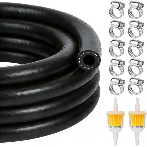 3 Mètres Durite Essence 10mm, Tuyau Carburant avec 12 Colliers de Serrage + 2 Filtres Essence, Conduite de Carburant, Tuyau D'essence Refroidissement Kit pour Gasoil, Moto, Tondeuse, Voiture (1/5)
