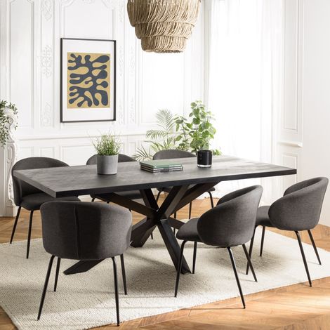BASILE - Table à manger 220x100cm plateau noir effet pierre (1/5)