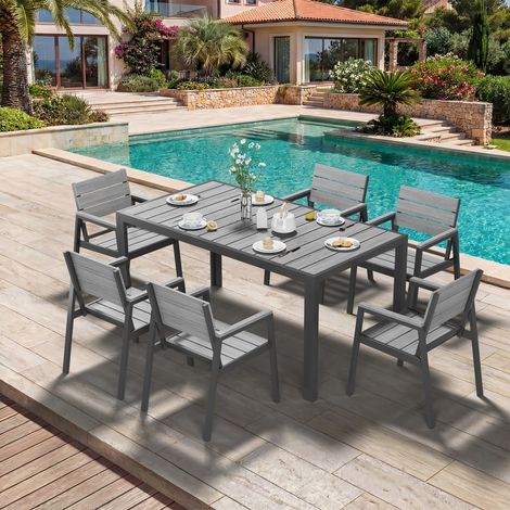 Devoko – Salon de jardin 7 pièces – Ensemble résistant aux intempéries – Table 150 cm et 6 chaises en aluminium – Finition grain de bois, facile d'entretien, gris
