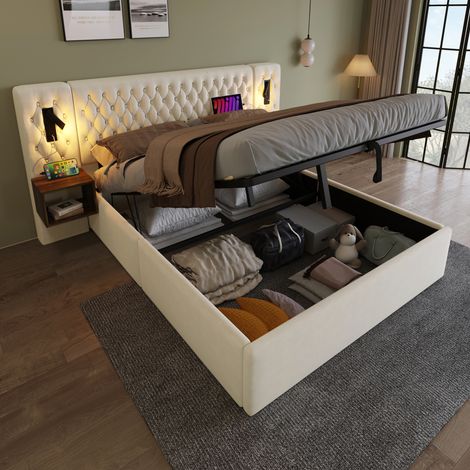 Lit coffre 180x200 cm avec 2 chevets, lampes de lecture USB/USB-C, beige, OKMYHOME (1/5)