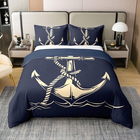 Anchor Imprimer Housse de Couette 200x200cm 100% Coton pour Garçons Filles Adolescents à thème Parure de Lit Océan Chambre Décor Navigation Ensemble de Literie Deep Bleu - 200 x 200 cm + 2 taies d'ore (1/5)