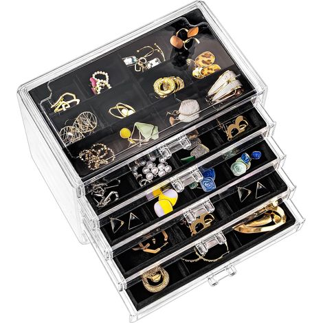 Boîte à Bijoux Transparente, 5 Plateaux Bijoux Tiroir, avec Séparateurs Amovibles, Rangement Bijoux Tiroir Acrylique, Range Boucles d’Oreille Bagues Colliers Bracelets - Noir (1/5)